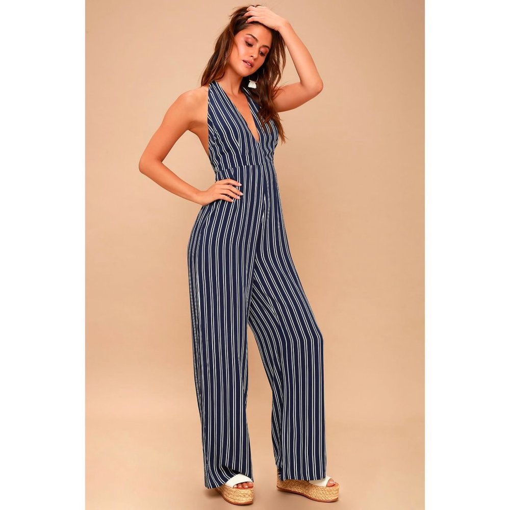 NWT BB Dakota All the Way Up Striped Halter Jumpsuit